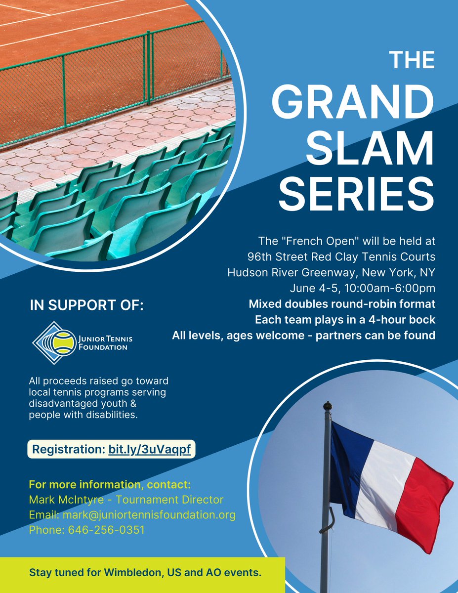 USTAEastern's tweet photo. Play mixed doubles on red clay in NYC!
Registration for the Grand Slam Series to benefit the @JuniorTennisFo1 is OPEN.
$125 per player, June 4-5, 2022
Don't have a partner? The tournament director will pair you up.

Get ready to get your sneakers dirty: https://t.co/C6aZuY2QBH https://t.co/hlJuCEIVZz