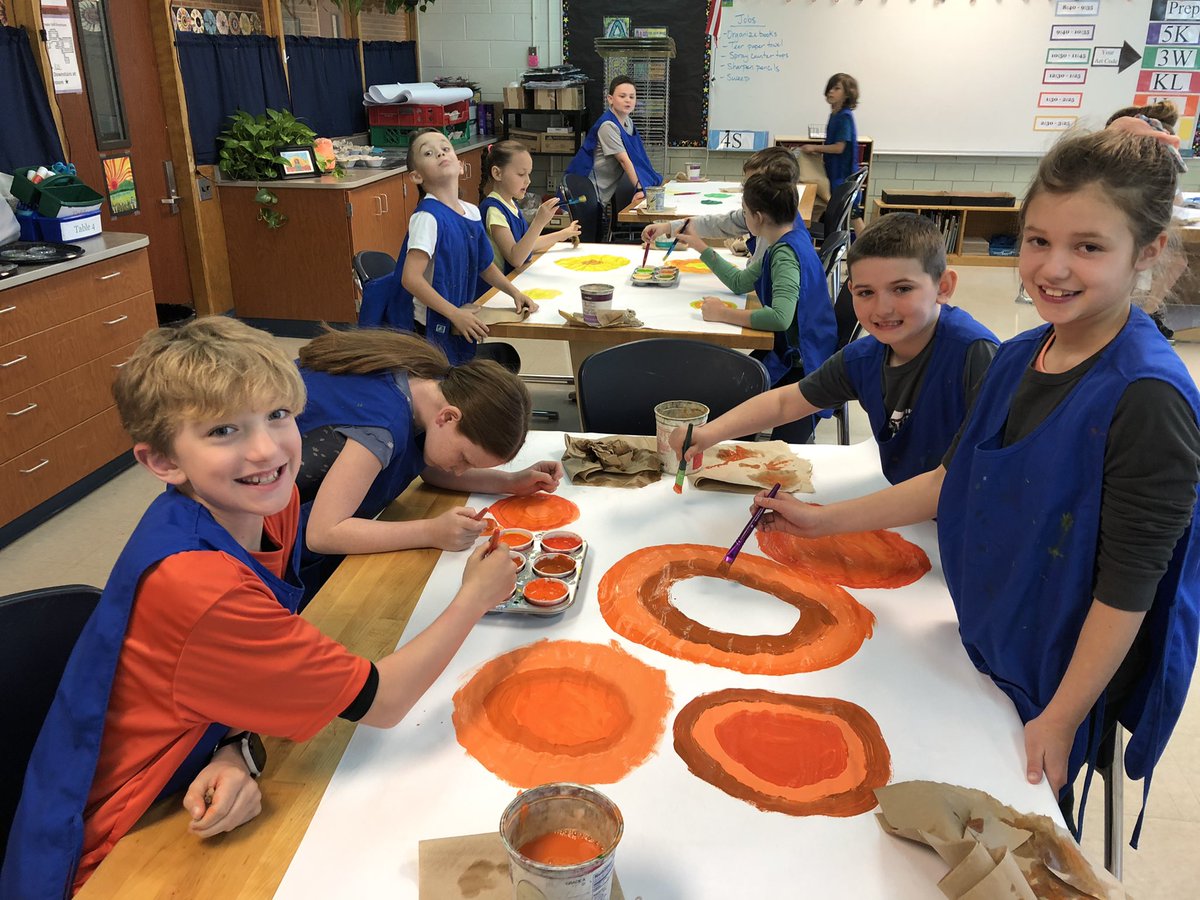 AndersonArtists's tweet photo. Third graders started a BIG collaborative mural today that will welcome students back in September. Students are painting concentric circles in tints &amp; tones of the rainbow. Any guesses what the end result will be? #yes2tps #tpsand1 https://t.co/IcRNLofMBF