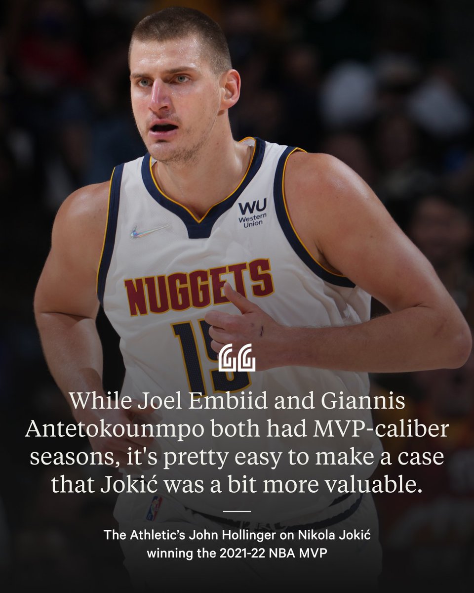 TheAthletic's tweet photo. Nikola Jokić is just one of 13 NBA players to win back-to-back MVP awards.

Did he deserve it?

Short answer: Yes, writes @johnhollinger.

https://t.co/fzvz4J1v9s https://t.co/B0gDkLN8Pi