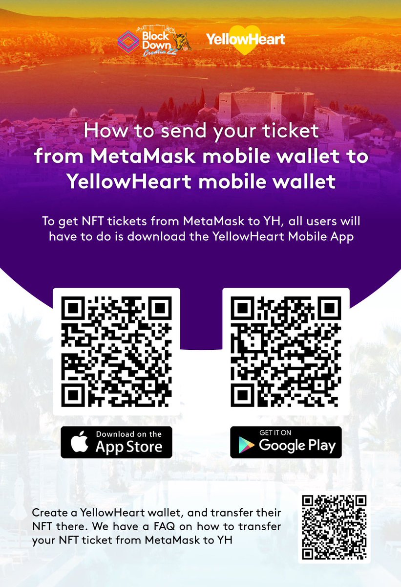 BlockDownConf's tweet photo. How to get your ticket?

At BlockDown Festival, we’re using YellowHeart. Please log into your YellowHeart account &amp; fill in all the necessary information by the 9th of May 15:00 CET. This includes your job title &amp; company name 

#blockdown2022 #NFTs #NFT https://t.co/XWb25MeRZe