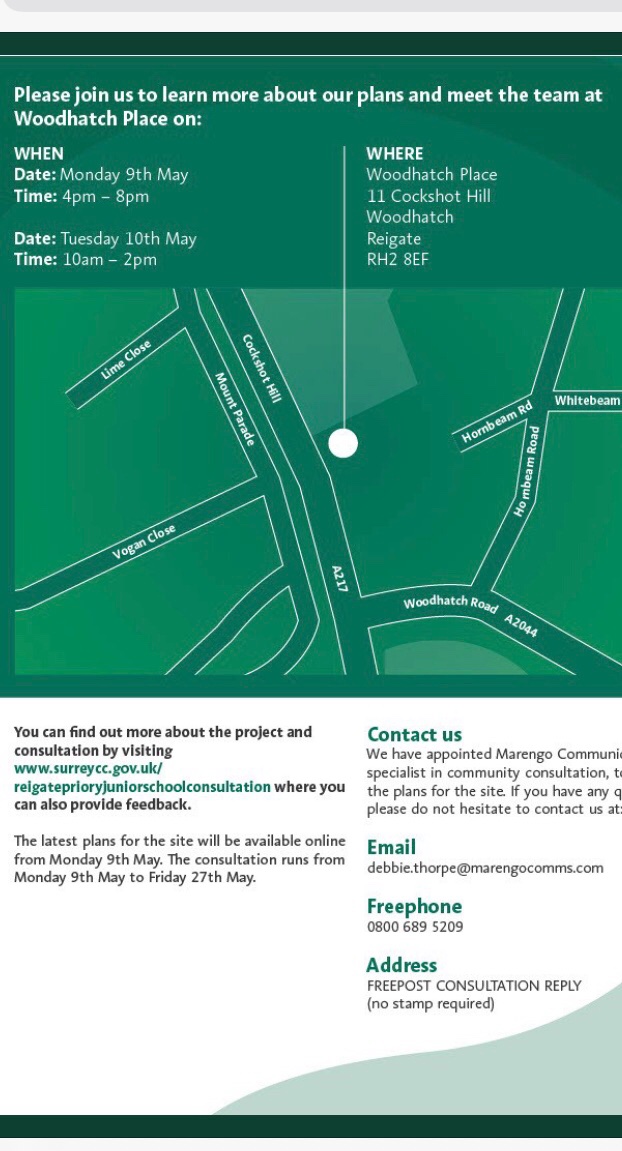 These leaflets are like gold dust. It’s almost like they don’t want people to come! If you weren’t lucky enough to get one here are the details for the #ReigatePriorySchool consultation events this week at Woodhatch Place.