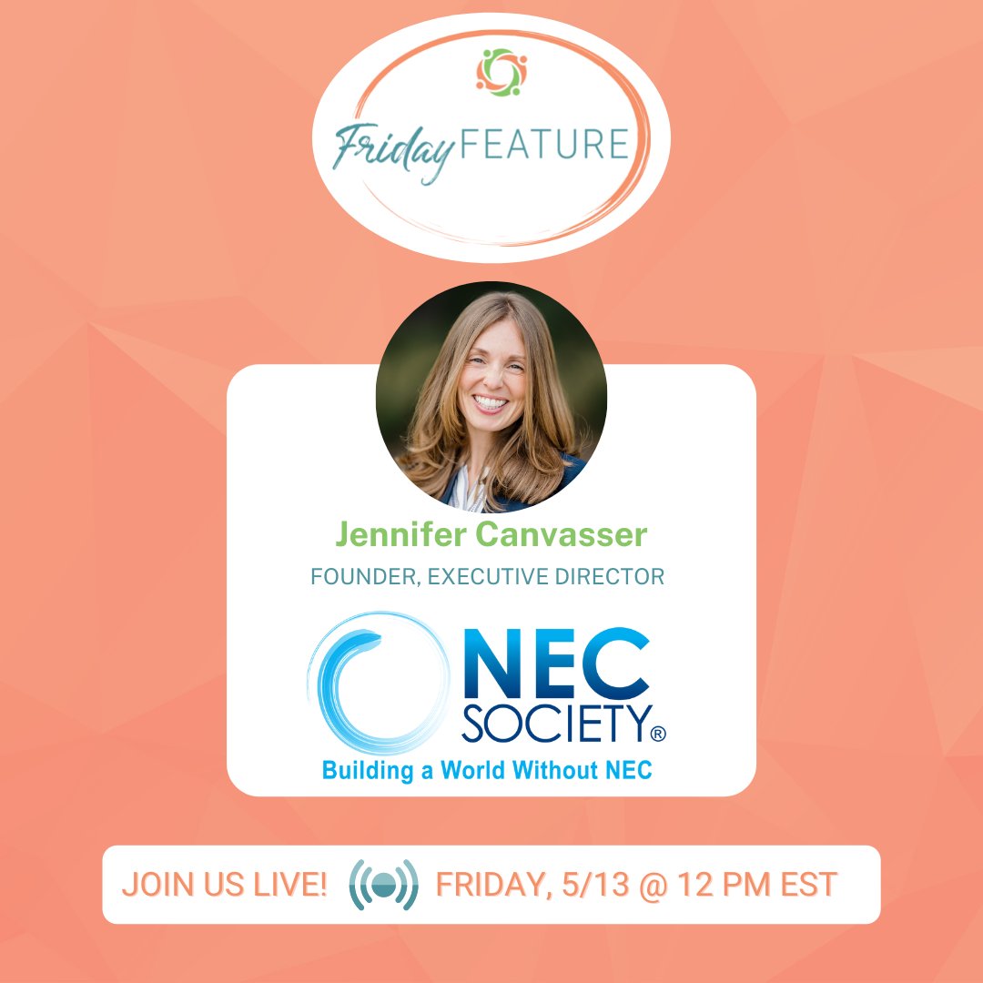 NICUParentNet's tweet photo. Join us for a Friday Feature Instagram LIVE with Jennifer Canvasser of the @NECsociety! We'll see you on Instagram Friday 5/13 at 12 pm EST. 🧡💚
#NECSociety #PreventNEC #NecrotizingEnterocolitis
#NICUParentLeaders #NICUParentProfessionals #NPNFridayFeature https://t.co/7na3AwlLy4
