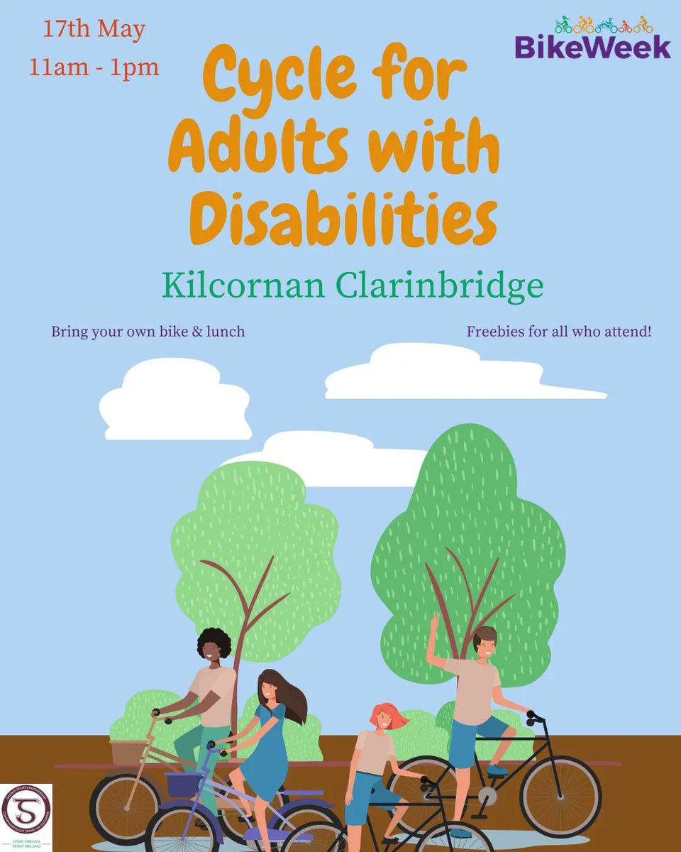 Galway Sports Partnership are hosting a cycle for adults with disabilities in Kilcornan Clarinbridge 🚴
Date: 17th May📅
Time: 11am – 1pm⏰
Bring your own bike if you have one!🚲
Bring your own lunch🍎
Freebies for all who attend😍

#BikeWeek #BikeWeekGalway #BikeWeek2022