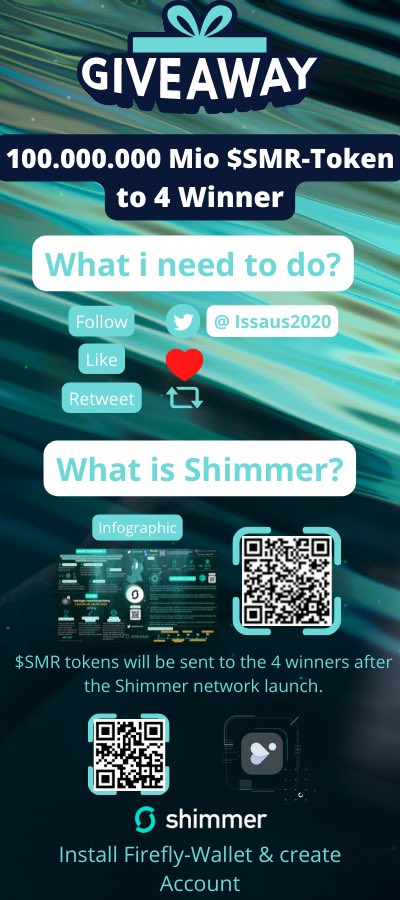 Issaus2020's tweet photo. #Giveaway 
Check the infographic about incentivized staging #Shimmer network of #IOTA

Follow me!
Like ❤️ &amp; Retweet ♻ this Tweet

@shimmernet @iota 

Each winner receives 25,000,000 Mio. $SMR - Token

*Winners will be announced on the day of the shimmer network launch! https://t.co/MfKrR4HKN6