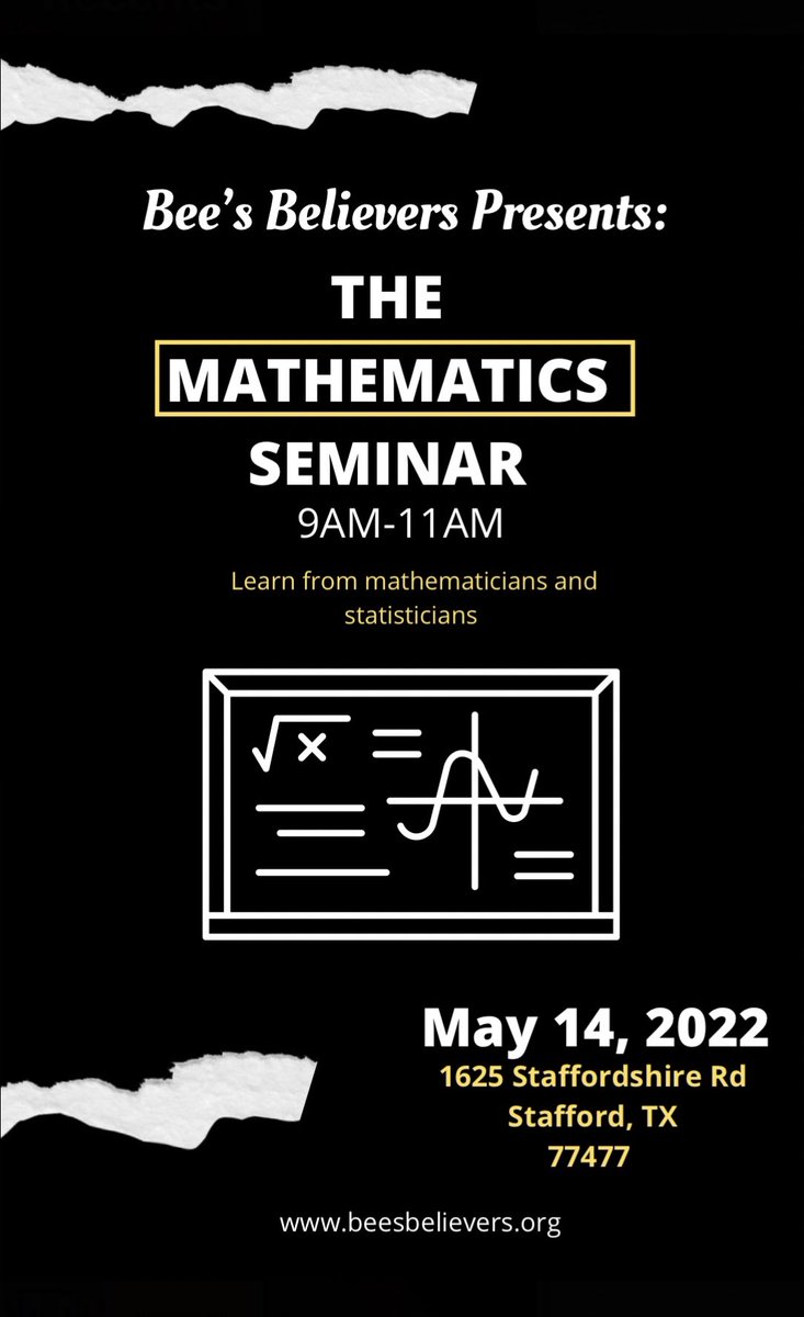 This Saturday, May 14, 2022, we will be concluding our Spring Seminar series at Stafford High School with The Mathematics Seminar! Come and join us one last time for the opportunity to learn from mathematicians and statisticians.
We cannot wait to see you all there! #STEAM #Math