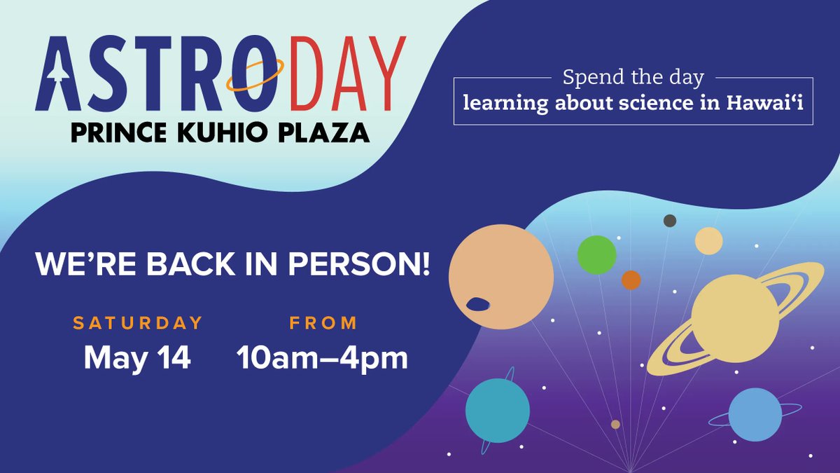 malamamaunakea's tweet photo. Everyone is invited to participate in #AstroDay this Saturday, May 14, from 10 a.m. to 4 p.m. at Prince Kuhio Mall in Hilo. The event, organized by @maunakeaobs, is a great way to learn about discoveries being made on the mauna, enjoy science activities, and get sciency goodies! https://t.co/vGsQaNaXNj