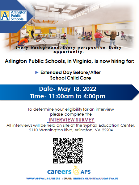 Are you interested in working in Child Care? If so, APS is looking for you to join our Extended Day team! Join us in attending our job fair on Wednesday, May 18th! See the below flyer for additional details and the link to sign up!
<a target='_blank' href='https://t.co/mZK8i26eGw'>https://t.co/mZK8i26eGw</a> <a target='_blank' href='https://t.co/MYSr396gNa'>https://t.co/MYSr396gNa</a>