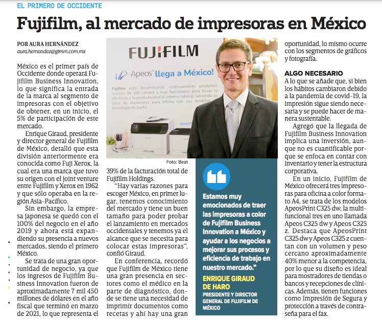 AldebaranMexico's tweet photo. Muchas gracias a @ExcelsiorMex por la increíble nota sobre la presentación de la nueva línea de negocios de @FujifilmMX conformada por impresoras para oficinas y retail: #Apeos. México es el primer país de Occidente en lanzarla. ¡No te pierdas los detalles! 🌟 https://t.co/hrcY3F9oib