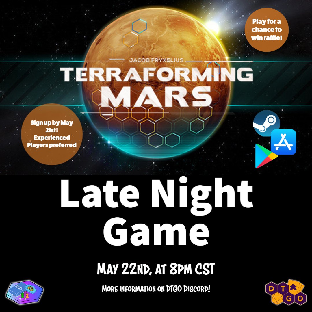 Late Night Games rescheduled #TerraformingMars for May 22nd.  We will have sign up post in our Discord server soon! 

#DTGO #deaf #ASL #boardgames