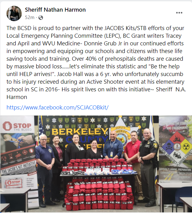 BurtonFD_SC's tweet photo. #BurtonFD thanks @WVBerkCoSheriff & partners for helping Jacob Hall realize his Superhero dream of helping people by aggressively implementing the #JACOBkit @StopTheBleed program throughout their county. Proactive community services creates resilient communities & saves lives. https://t.co/kQuZCjEfAY