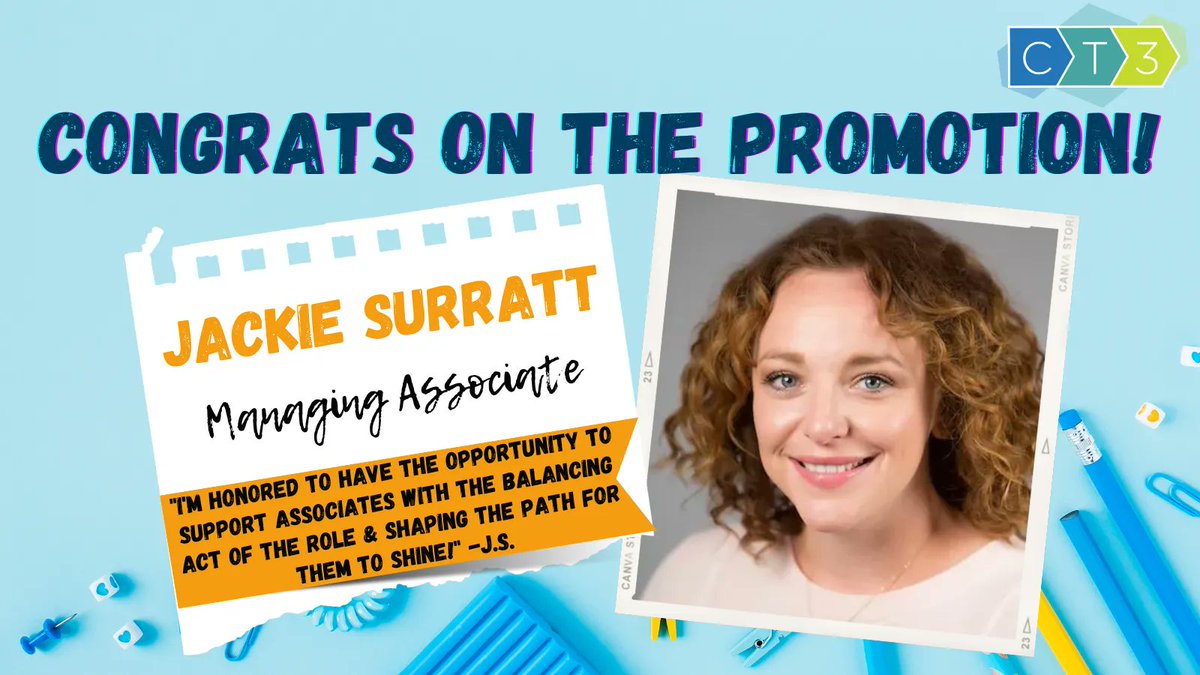 CT3Education's tweet photo. Congrats to Jackie Surratt on becoming a Managing Associate! Your management skills & ability to create long-lasting relationships are top notch.
Read about all of the promotions here: https://t.co/hHCvGAIRVk
#team #promotingfromwithin #promotions #CT3Ed #MakeItHappenMonday https://t.co/jZZ9UtZ8eE