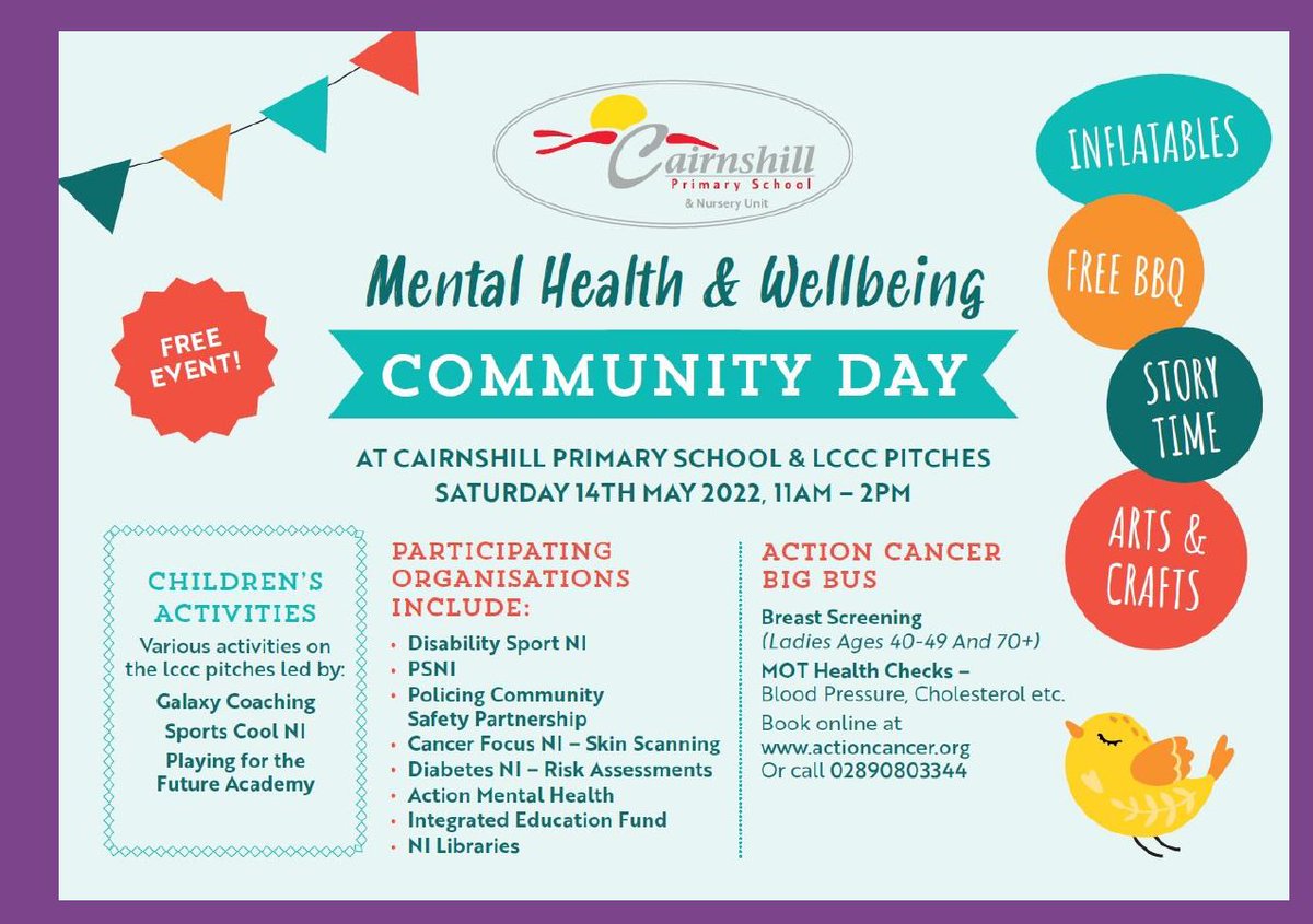 cairnshillips's tweet photo. Mental Health and Wellbeing Community Day at the school this Saturday, 14th May from 11am - 2pm... There should be plenty for everyone so please try to pop along and enjoy the activities! 
Entrance to the event is via Cairnshill Drive or LCCC pitches. Everyone welcome! https://t.co/Qa9xVuvfwf