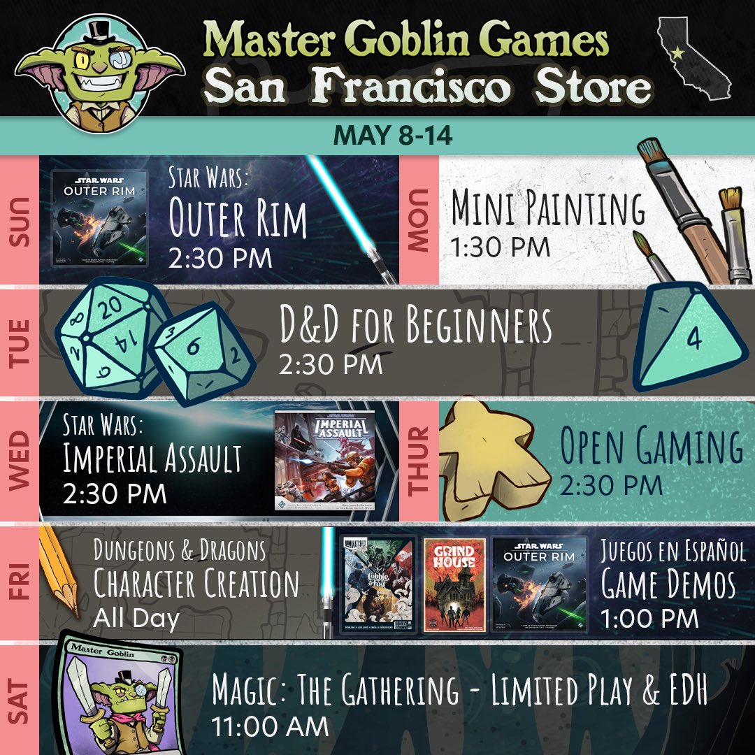 MasterGoblins's tweet photo. San Francisco schedule this week! D&D for beginners, Star Wars games, mini painting, Magic: The Gathering, open gaming, and Friday afternoon is a whole afternoon of game demos in Spanish. We can wait to see you this week!
🥳
#mastergoblingames #dnd #mtg #boardgames https://t.co/gZlW7ml8nN