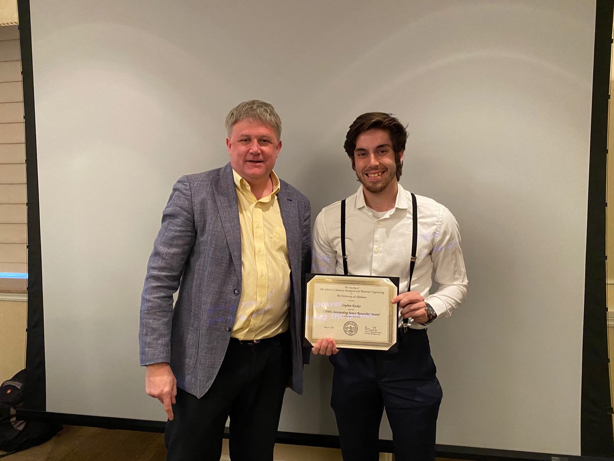 Stephen Kooker, undergrad researcher in SMaRT lab, received the Outstanding Junior Researcher award  from <a href="/OU_CBME/">Oklahoma ChE</a> in spring 22. He is also accepted for the Provost’s UReCA Summer Fellowship to continue his works on #PFAS remediation. Great mentorship by PhD student <a href="/Muchu_Zhou/">Muchu Zhou</a>.