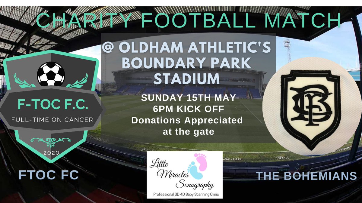 FTOC_FC's tweet photo. This Sunday we meet @FCBohs in our 2nd Charity match together

This time we meet at @OfficialOAFC Boundary Park Stadium

Kick off at 6pm - we'd love to see as many there to support both team's. Donations welcome at the gate

@OldhamChronicle @AvroFC 

#Charity #oldham #manchester https://t.co/0xLyhtksQA