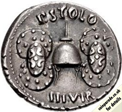 The 17BC Denarius - Augustus / Apex Flaminis. Silver Denarius of the Emperor Augustus struck at the Rome Mint of the Moneyer P Licinius Stolo around 17BC. The Reverse shows an Apex flaminis (a cap worn by some Roman priests) between two ancilia. bit.ly/3MZnEbQ