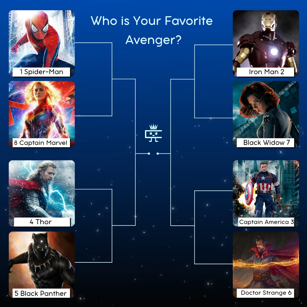 Brackit_'s tweet photo. Comment below who your favorite Avenger is and head over to our IG @Brackit_ to play daily brackets on our stories! 
#avengers #MarvelStudios #marvelcomics #CaptainMarvel 
#thor #spiderman #ironman #blackwidow #DoctorStrange #CaptainAmerica #blackpanther https://t.co/kL96I5MIq1