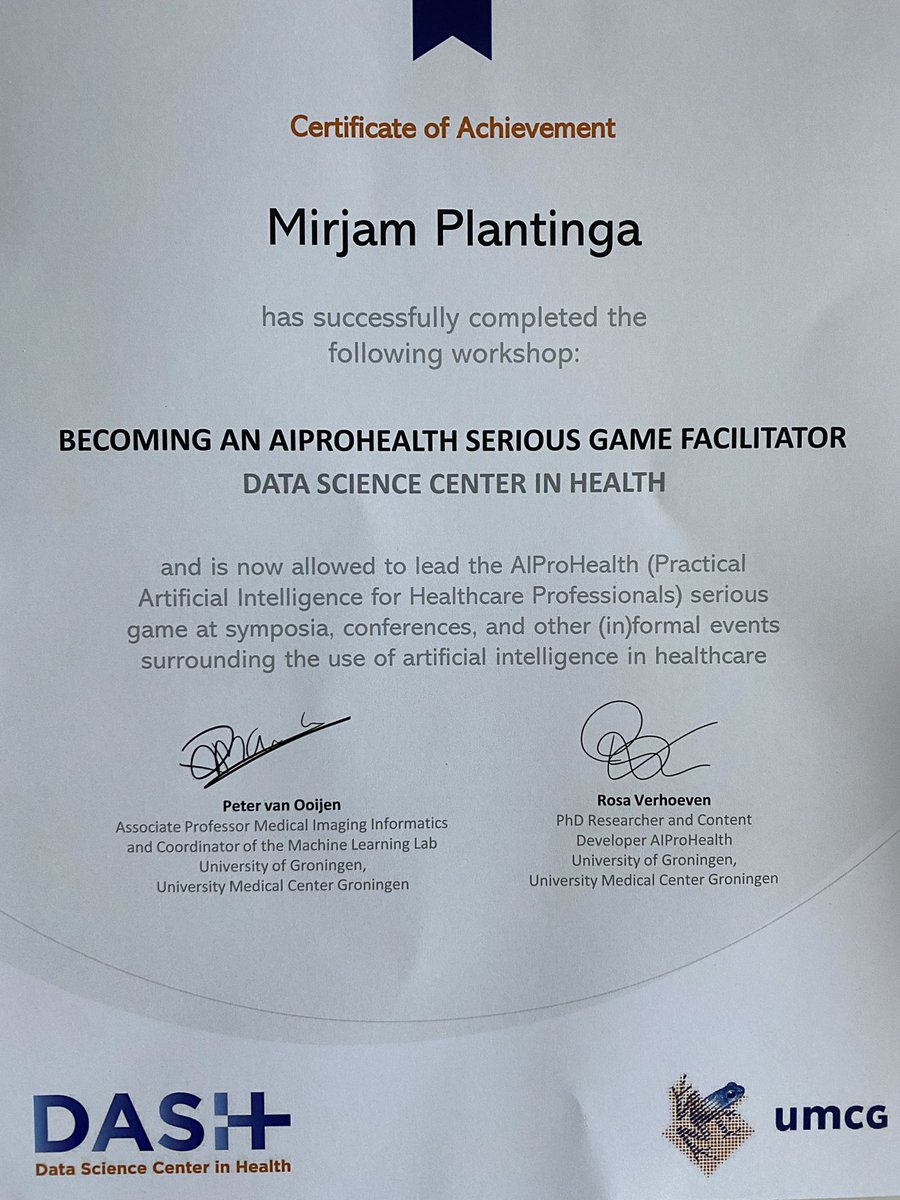 MirjamPlantinga's tweet photo. Looking forward to facilitate #AIProHealth @DASH_umcg serious game sessions to elaborate with others on possibilities of implementing AI in healthcare taking patient and professional perspectives in consideration as well as ethical, legal and societal aspects! https://t.co/zlh0pWSbFa