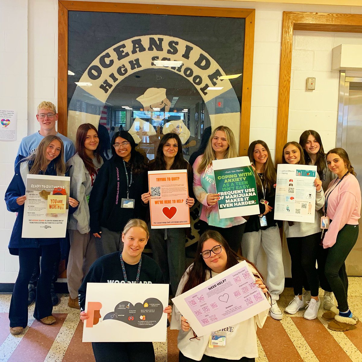 OceansideSafe's tweet photo. Using resources from #OceansideSAFE our amazing Youth Council put together Prevention Posters to be displayed throughout OHS! 
Posters feature information on #Vaping and #MarijuanaUse, as well as #SmokingCessation info and resources. Incredible job!!!! 💯👏🏻🫶🏻 #YouthPrevention https://t.co/ZlcSlpsBmN