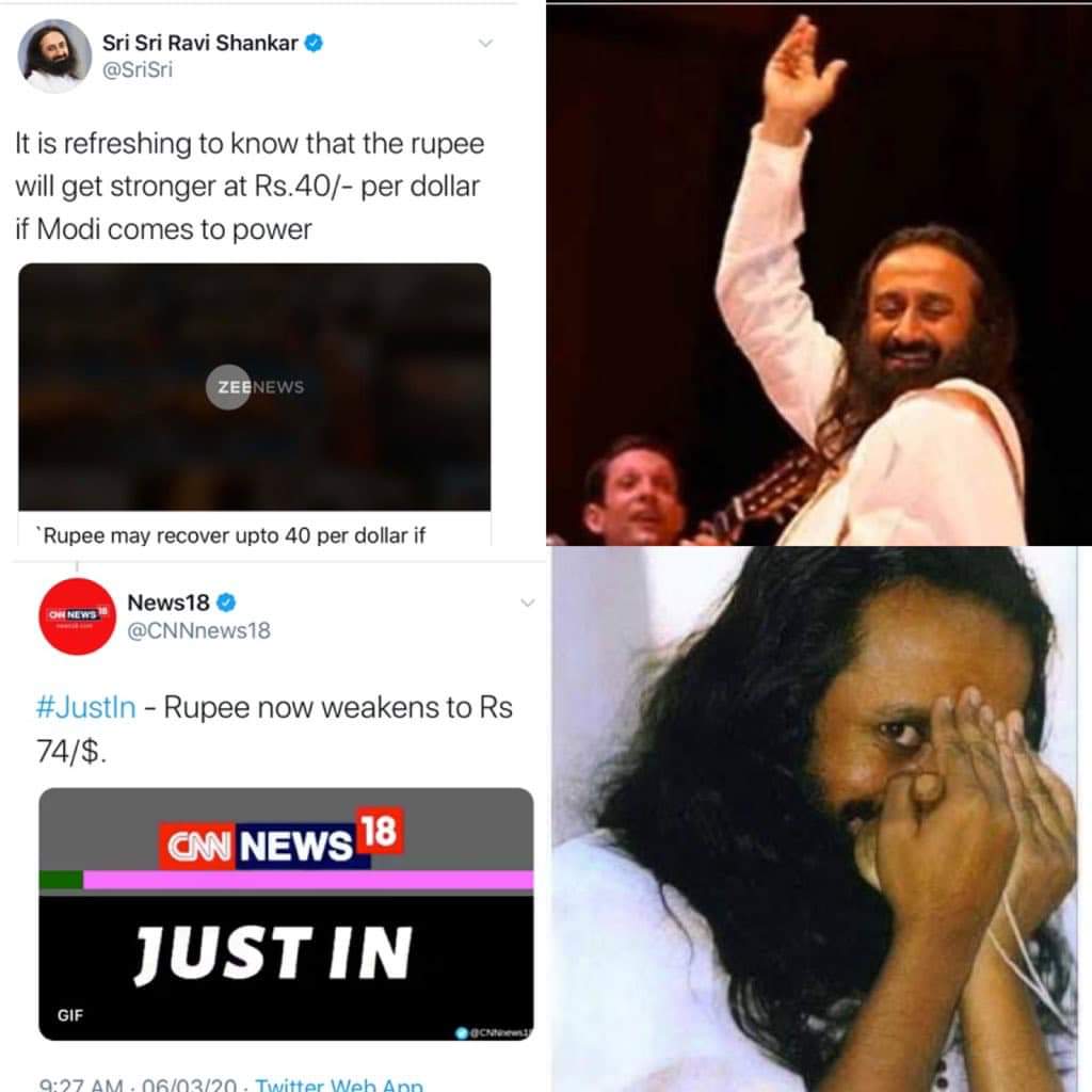 IndianFirstly's tweet photo. Thanks to double "Sri" otherwise #Rupee could have never got such height.
Great inspirational Guru @SriSri
#RupeeVsDollar #RupeeAt72 https://t.co/gyTFl54QYn