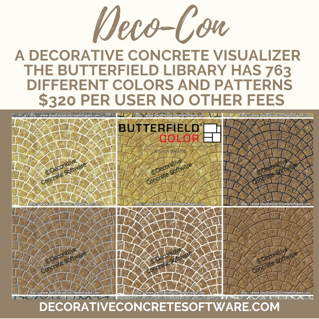 DecoConreteSoft's tweet photo. @butterfieldcolr Butterfield has 53 Color combinations with 15 patterns to design decorative concrete projects using "Deco-Con." We are showing European Fan and include bluestone, cobblestone, and flagstone, to name a few, totaling 763 different textures. https://t.co/YltRPgC8rs