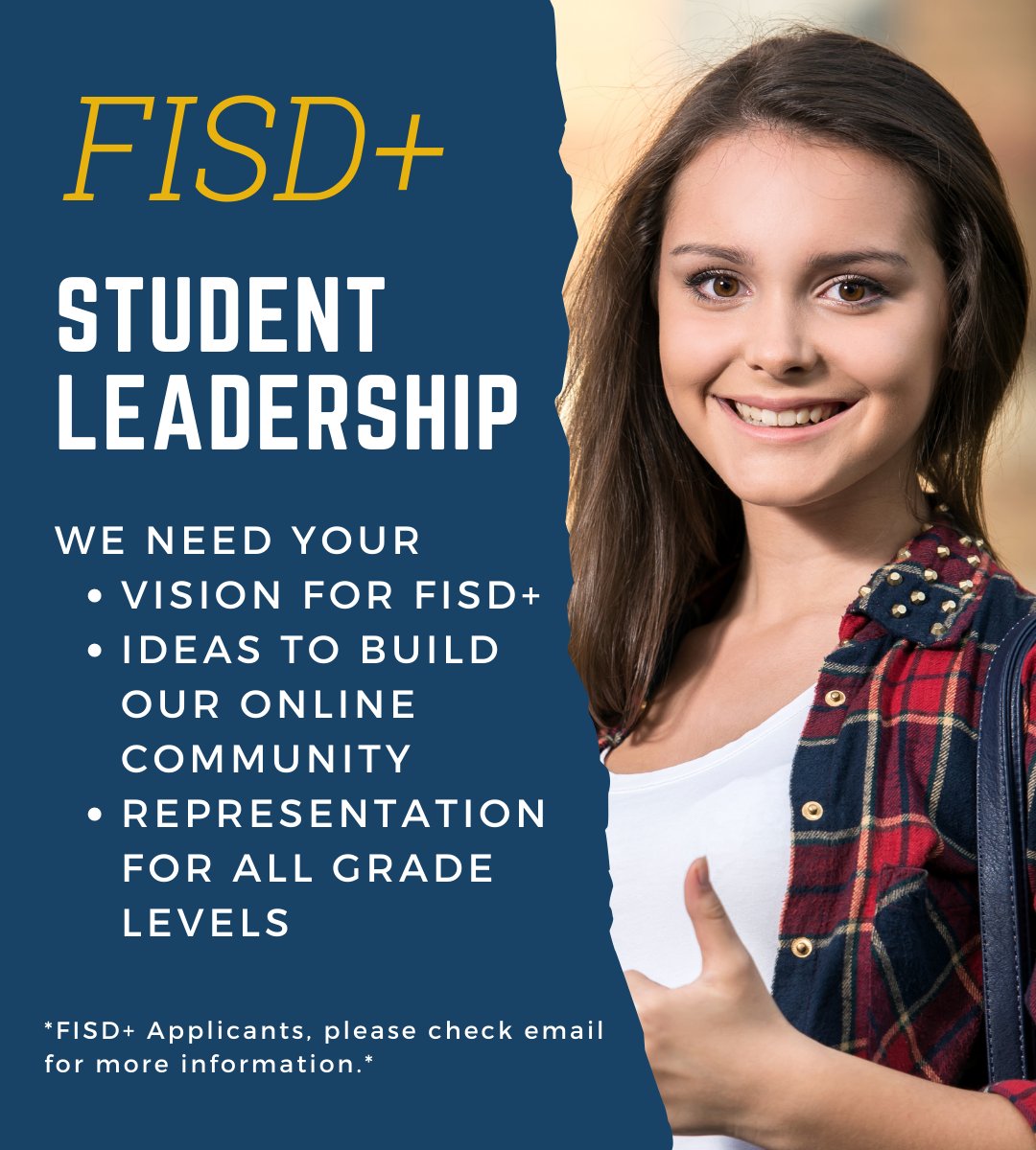 FISDPlus's tweet photo. We are seeking student leaders to form our 2022-2023 FISD+ Student Leadership Team!! 

Not an applicant? Want to learn more about our online/hybrid programs?

✅️ Visit https://t.co/1en57Aglqf for more information.

#FISDPlus #FISDWeAreOne #studentleadership https://t.co/j6S8BXbh5s