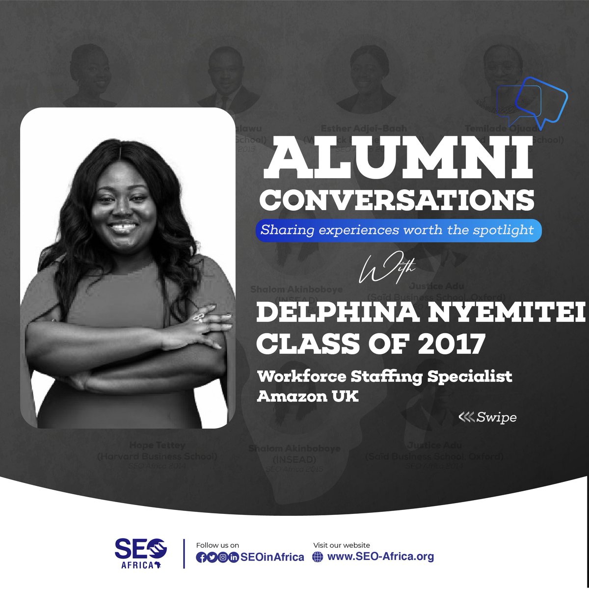 SEOinAfrica's tweet photo. Meet Delphina Nyemitei, a Workforce Staffing Specialist at Amazon UK who is being featured on this week’s edition of the #AlumniConversations!

Delphina is a member of the SEO Africa class of 2017 through the In-Country Programme after her graduation from the GIMPA.

1/3 https://t.co/ucjcmofxO7