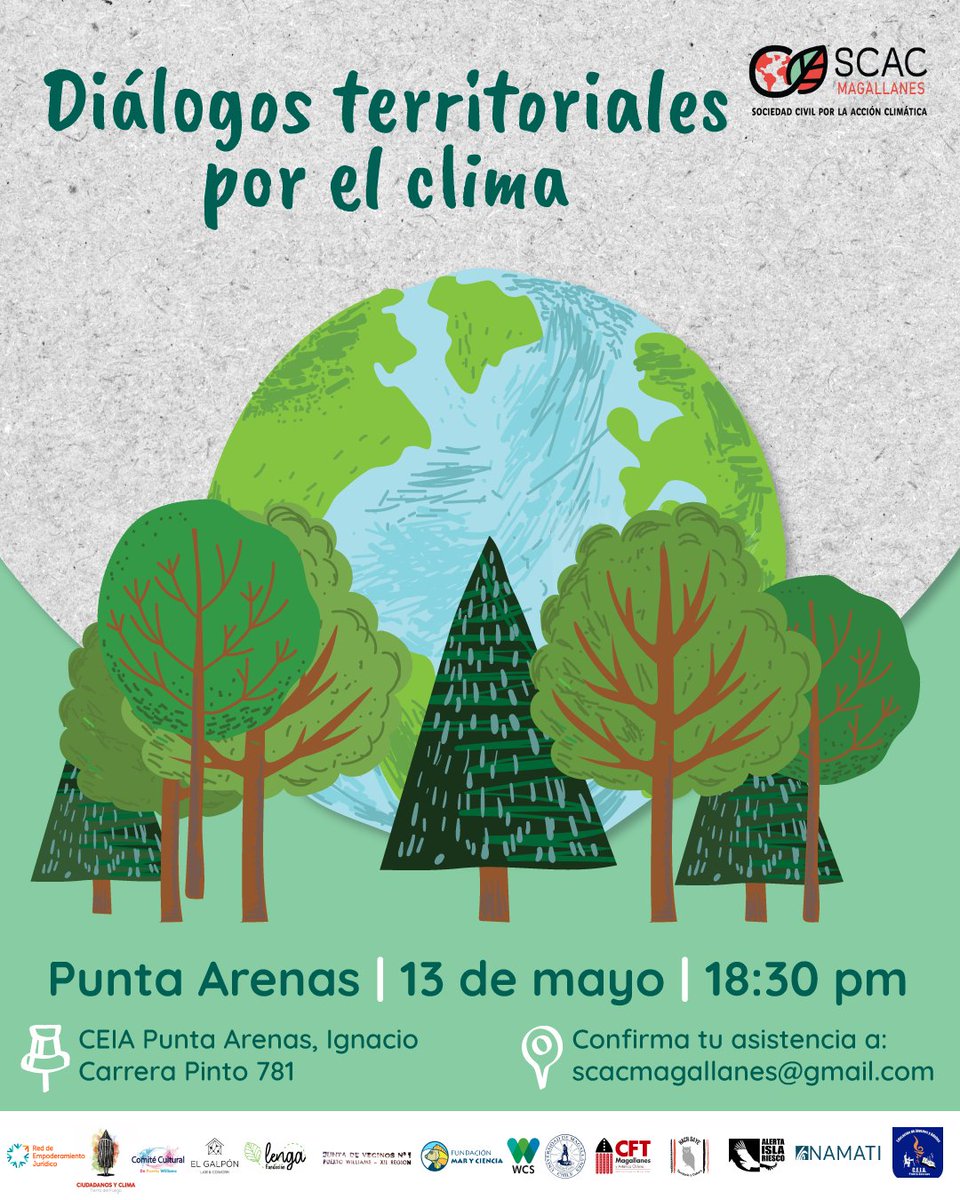 SCAC Magallanes (@scacmagallanes) on Twitter photo 🌿🙌¡Último Diálogo Territorial por el Clima en Magallanes🌡️Este viernes 13 a las 18.30 horas en #Puq
¿Qué efectos has visto del cambio climático en Magallanes? ¿Qué causas contribuyen? ¿Qué metas deberíamos tener? ¡suma tus propuestas!
Inscripciones a scacmagallanes@gmail.com 🌿🙌¡Último Diálogo Territorial por el Clima en Magallanes🌡️Este viernes 13 a las 18.30 horas en #Puq
¿Qué efectos has visto del cambio climático en Magallanes? ¿Qué causas contribuyen? ¿Qué metas deberíamos tener? ¡suma tus propuestas!
Inscripciones a scacmagallanes@gmail.com