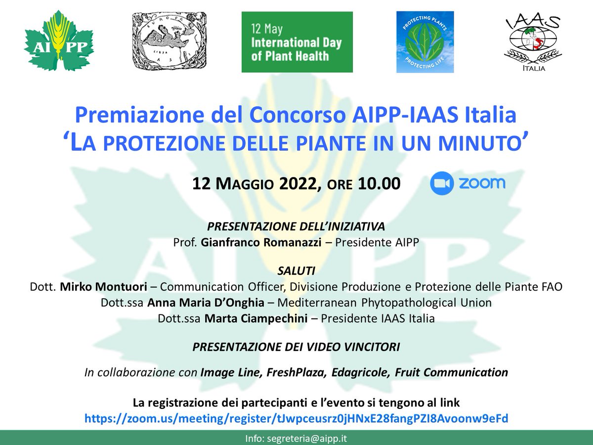 Aipp1992's tweet photo. È giunto il momento della #premiazione del #concorso #AIPP-#IAAS #Italia per un #video su La #protezione delle #piante in un #minuto, #12maggio ore 10 con #esperti di #informazione, al link https://t.co/SyJo6qvg02 #IDPH #IDPH2022 #PlantHealhDay https://t.co/2Fay2l8fXP