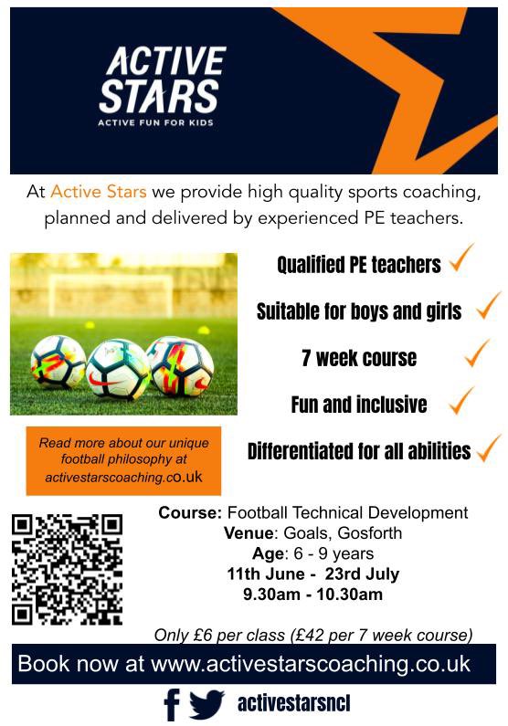 activestarsncl's tweet photo. Our football classes from experienced PE teachers are now available to book. Please RT to help make sure people don’t miss out! @whatsonne @jesmondlocal @Gosforth_Local @GosEastMiddle @GosforthJunior @NSB_Sport @NSB_Boys https://t.co/9WyEVn9dPr