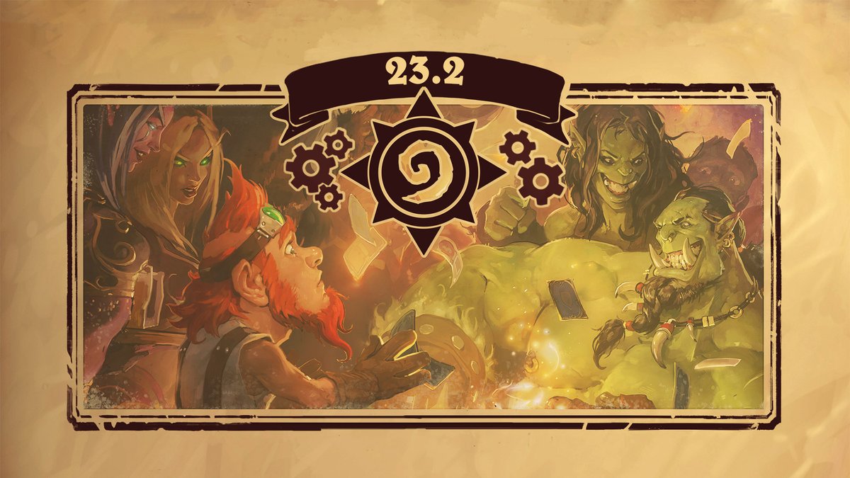 Image shows two orcs and a nervous-looking minion with a ginger beard and goggles on his head playing Hearthstone at a tavern surrounded by various creatures who are looking on.