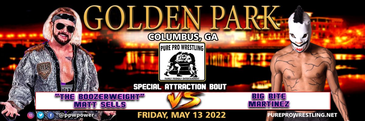 PPWPower's tweet photo. Don't miss Matt Sells VS Big Bite THIS Friday Night at Golden Park in Columbus, GA home of the @HootsOnFirst 

7:30PM Bell - Tickets are on sale at https://t.co/aeEFKdSGEf

#ColumbusGA #gohoots #chattahoots #Georgia #atlanta #WWE #PPW #pureprowrestling #nwapower #aew https://t.co/bxWqoTJYT9