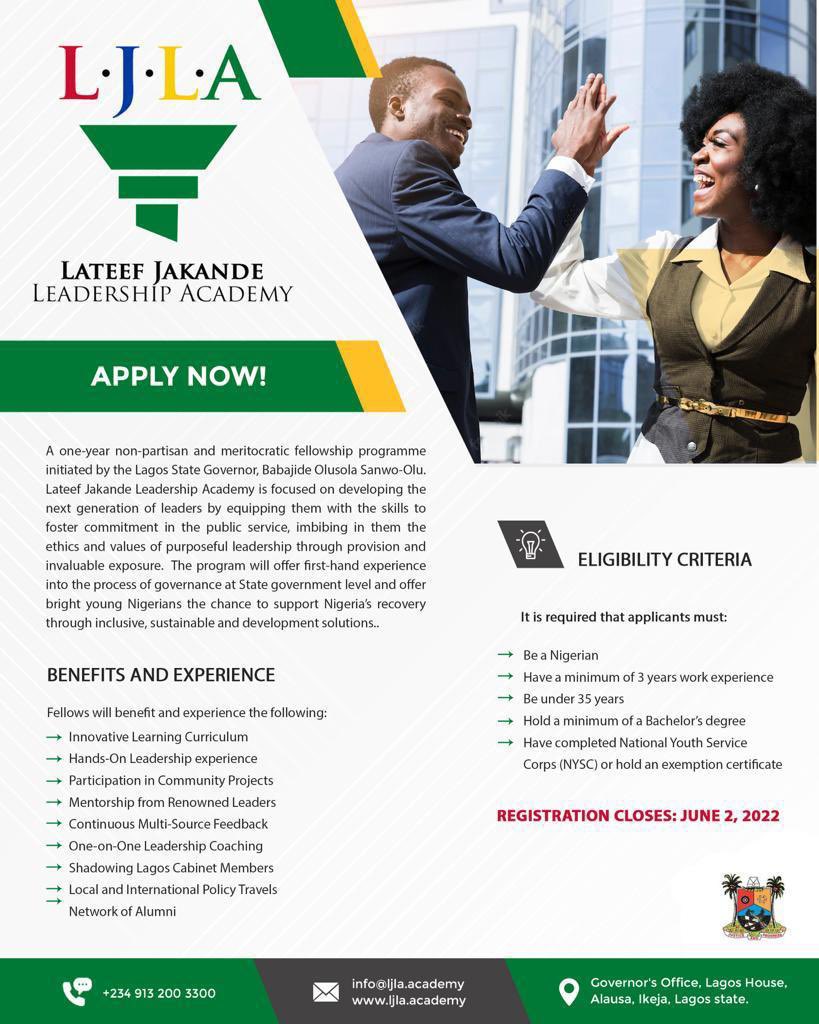 jidesanwoolu's tweet photo. In honor of the late first civilian Governor in Lagos state, Alhaji Lateef Jakande, I birthed 
The Lateef Jakande Leadership Academy. 

This is a one-year Fellowship program that offers life changing opportunities to young Nigerians who desire to impact their generation. https://t.co/AVuH54n1vw