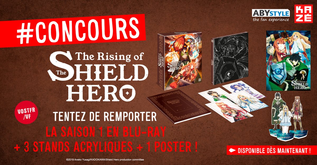 Kazemanga_fr's tweet photo. 🛡️ #CONCOURS 🛡️ 
À l'occasion de la sortie de la saison 1 de #TheRisingofTheShieldHero Kazé et ABYstyle s'associent pour faire gagner un coffret Blu-ray, un poster et des Acryl de la série ! 
🚩 Comment participer ?🚩 
☝️ Follow @KazeFrance et @_ABYstyle 
✌️ RT ce tweet
TAS 16/05 https://t.co/mztVExMJcd