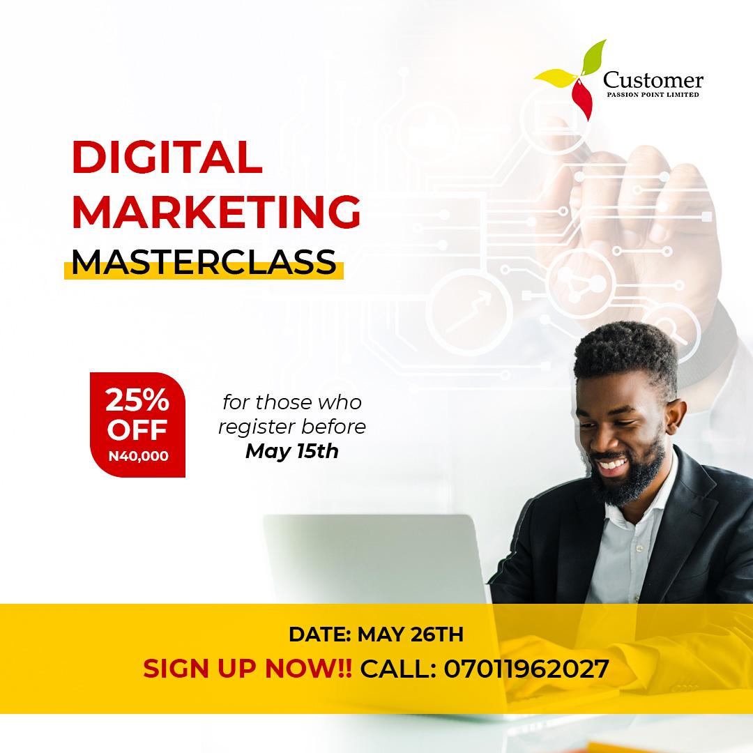 cppltraining's tweet photo. This masterclass will hold on Thursday the 26th of May. Register now and enjoy a 25% discount. Click on the link to register NOW!
https://t.co/UUaBGfdm2S
#cpplnigeria #cppltraining #digitalmarketingmasterclass #Training #cppl #valuecreation https://t.co/dZQXNbhhbh