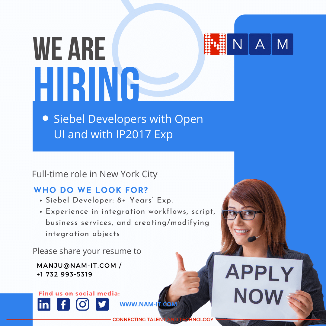 NAMINFO's tweet image. #Hiring for the role of #SiebelDevelopers with #OpenUI and with #IP2017 Experience for NYC Location. Are you the one for this role then read on...

Duration : Long term 

Send resume to manju@nam-it.com 
#siebel #newyorkcity #newyorkjobs #ui #testing #automation #uideveloper