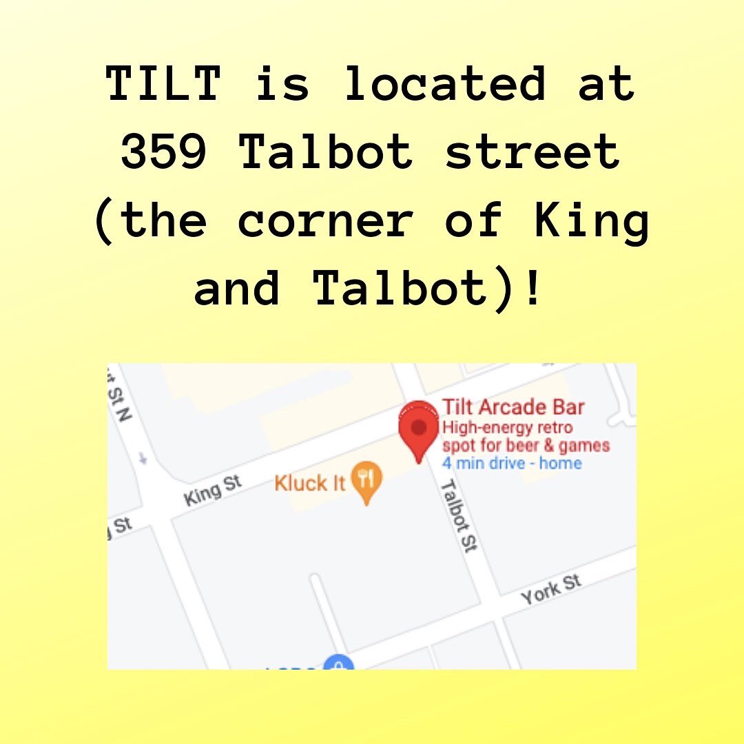 physpharm_grads's tweet photo. Come out to TILT Arcade Bar (at the corner of King and Talbot) TONIGHT from 6-9 PM to celebrate the end of the term!!! We will be having food and drinks. There is a $5 cover charge which includes entry and unlimited plays on all the arcade games!!! 🎉🥳 https://t.co/YPjhipPddA