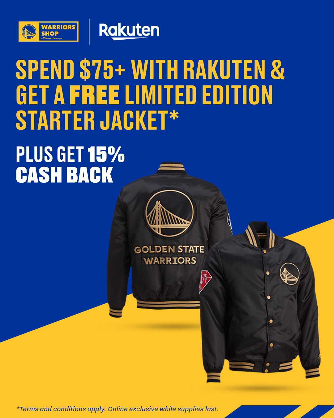 Warriors Shop on X: The easiest Free-Point Play of the season. When you  spend $75+ on Warriors Shop using @Rakuten, you get 15% Cash Back AND can  score a free limited-edition Warriors