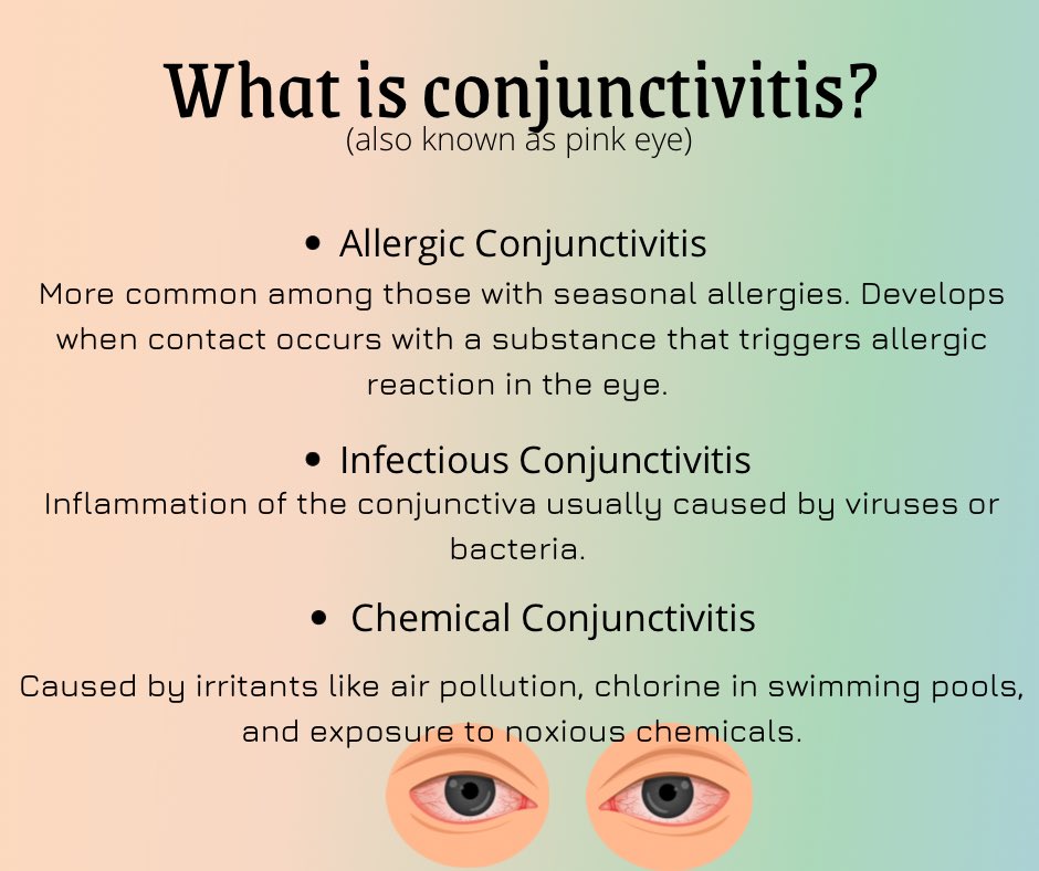 UMSLEyeCare's tweet photo. Since it’s healthy vision month we thought this may be helpful. Pink eye is one of the most common eye infections in children and adults. Symptoms can include itching, redness, discharge, and sometimes pain. Call us if symptoms should occur! https://t.co/K0QtT7i5cP