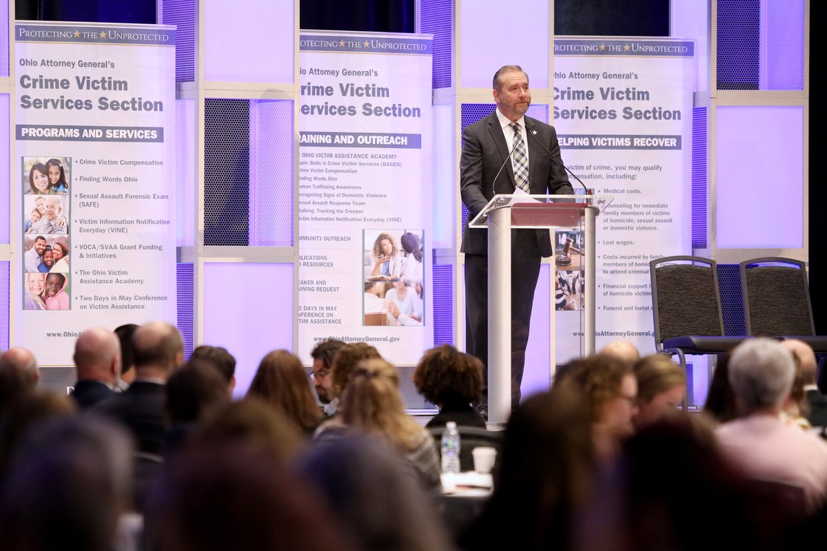 OhioAG's tweet photo. "Despite the constant threat of infection, lockdowns, shutdowns and social distancing, you didn’t throw in the towel. You kept on helping victims of crime any way you could." 
AG Yost addressed the 900 attendees at the first in-person #TwoDaysInMay conference since 2019. https://t.co/OFx2yJykVF