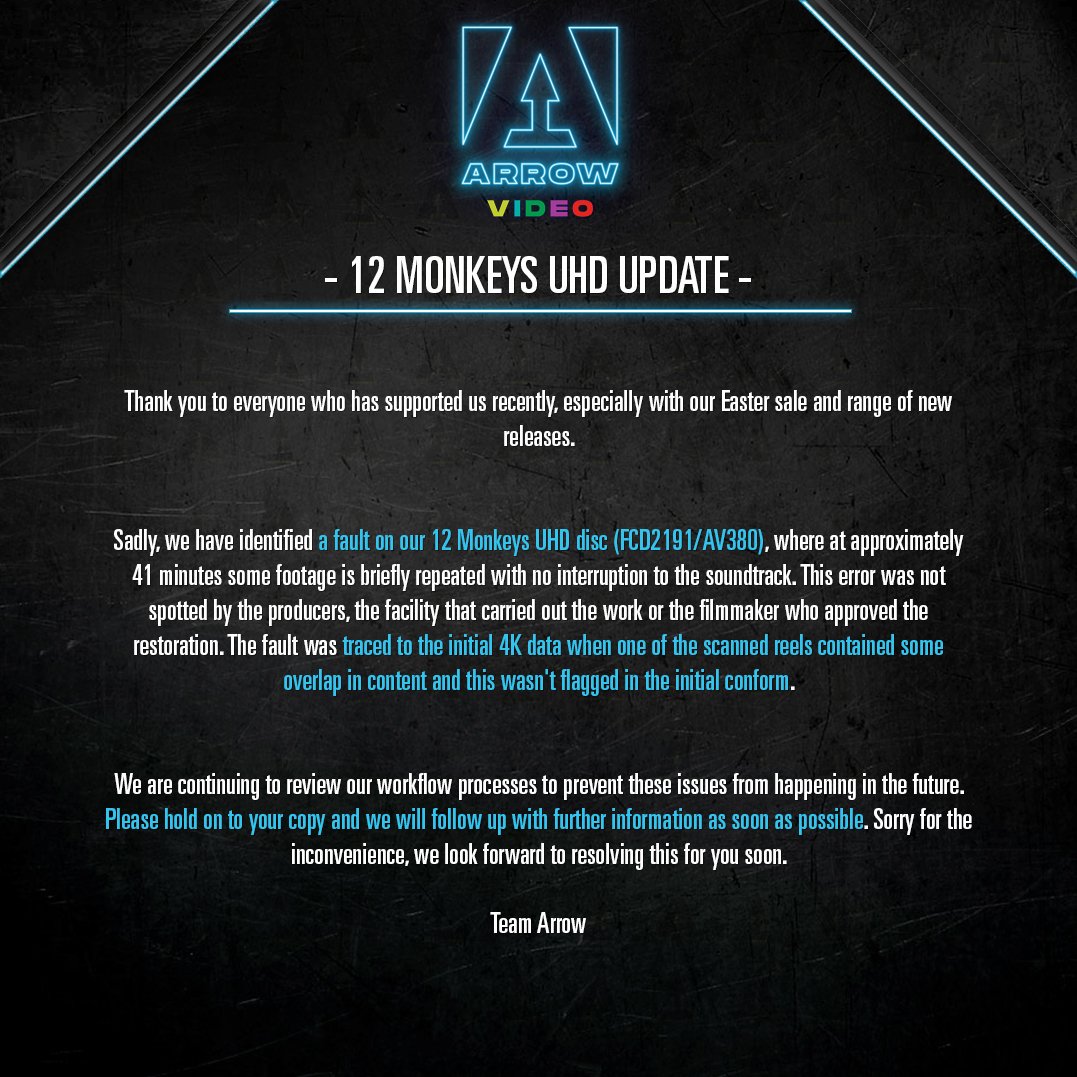 TwinFlicks's tweet photo. We did it! The video I posted with my friend @dpatsiaris detailing the issue with 12 MONKEYS 4KUHD got Arrow's attention! Here's the announcement &amp; video  https://t.co/qQuBqls8so

#4kuhd #4kuhdbluray #12monkeysmovie #12monkeys #arrowvideo #arrowvideocollection https://t.co/ga8W84t11g