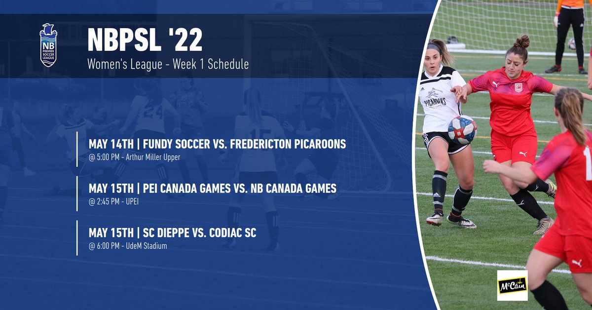 NBPSL's tweet photo. Soccer is back!

Week 1 of the 2022 McCain's NBPSL Women's and Men's seasons begin this week with action all across the Maritimes. Check the date, time and location of this week's games and get out to cheer on your local teams. 🤩 https://t.co/HjQneghnSt