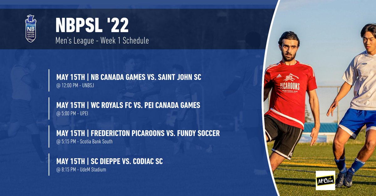NBPSL's tweet photo. Soccer is back!

Week 1 of the 2022 McCain's NBPSL Women's and Men's seasons begin this week with action all across the Maritimes. Check the date, time and location of this week's games and get out to cheer on your local teams. 🤩 https://t.co/HjQneghnSt