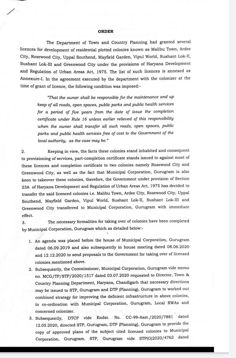 gsinglajourno's tweet photo. #Gurgaon #Breaking
@dtcphry @kMakrandIAS issued orders to #transferred  #MalibuTown #ArdeeCity #RosewoodCity #Uppalsouthend #MayfieldGarden #Vipulworld #SLOK2-3 #GreenwoodCity colonies to @MunCorpGurugram. विकास कार्यो के रास्ते खुले, लोगों को मिलेगी राहत। @cmohry @mlkhattar https://t.co/UGguLRr7Vq