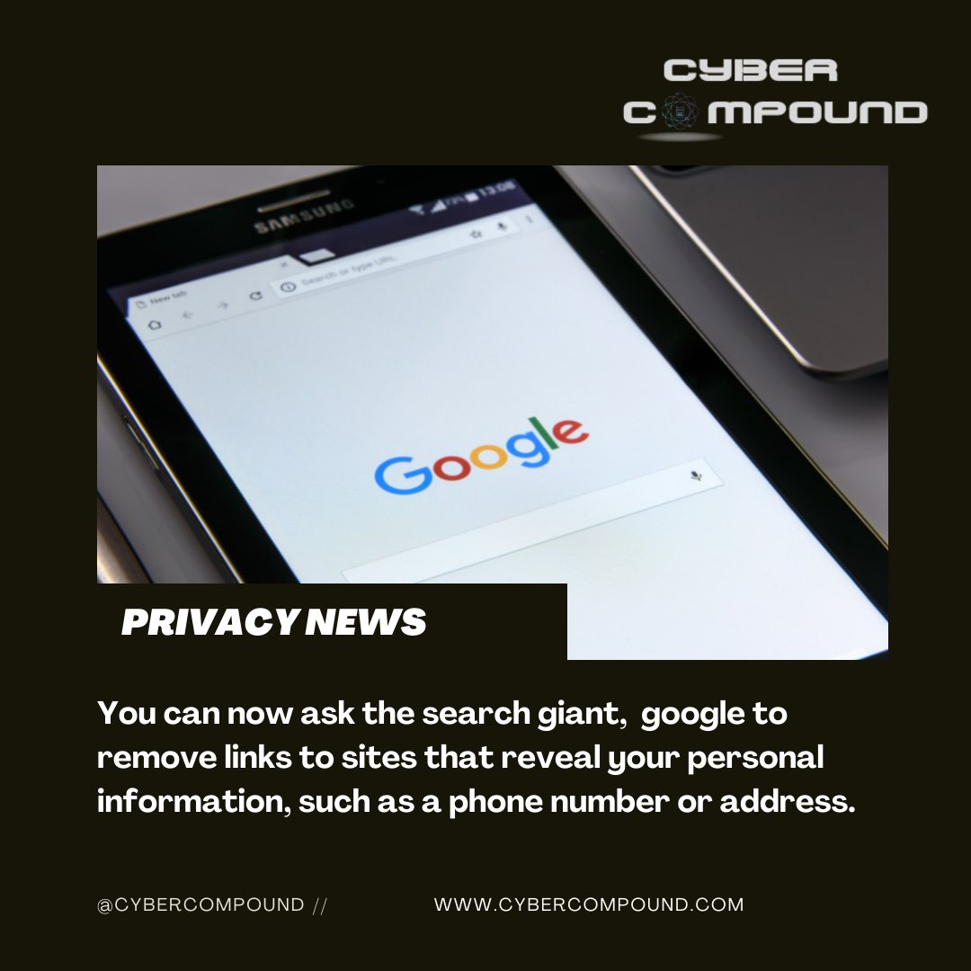 cybercompound's tweet photo. Did you know?

Google has allowed people to request removals of additional types of information from its Search results, including personal contact information like a phone number, email address, or physical address. https://t.co/mGsuODJTzd