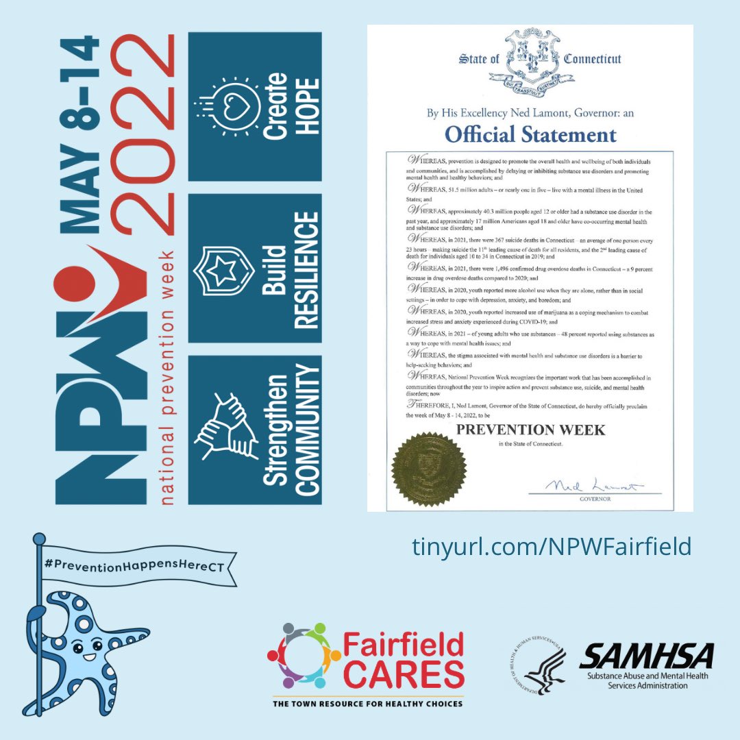 FairfieldCARES's tweet photo. We are so fortunate that Connecticut is a huge supporter of National Prevention Week! Learn more about local #NPW activity at https://t.co/ITkdO5VSEj and find state level info at https://t.co/xInfKP7Gwk.
#FairfieldCT #PreventionHappensHereCT #MentionPrevention #CTPreventionWeek https://t.co/iPNBI4Ei6a
