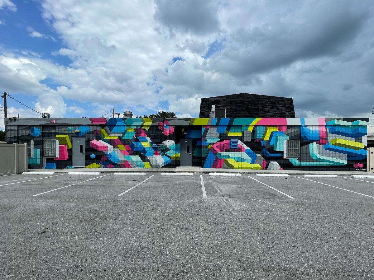 ILLDESART's tweet photo. Broken foot and all! Here’s my latest mural completed for @tpawalls #powwowworldwide #tampawalls #mural #abstractart #blockparty https://t.co/gsd4HXk4GJ