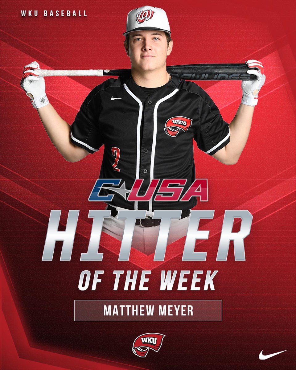 WKU_Baseball's tweet photo. Meyer was 🔥 at the plate this weekend.

Congrats to @matthew_meyer5 on being named the @ConferenceUSA Hitter of the Week!

#GoTops | 📰 https://t.co/4GF5TTVsfa https://t.co/33UhRK3Lb8