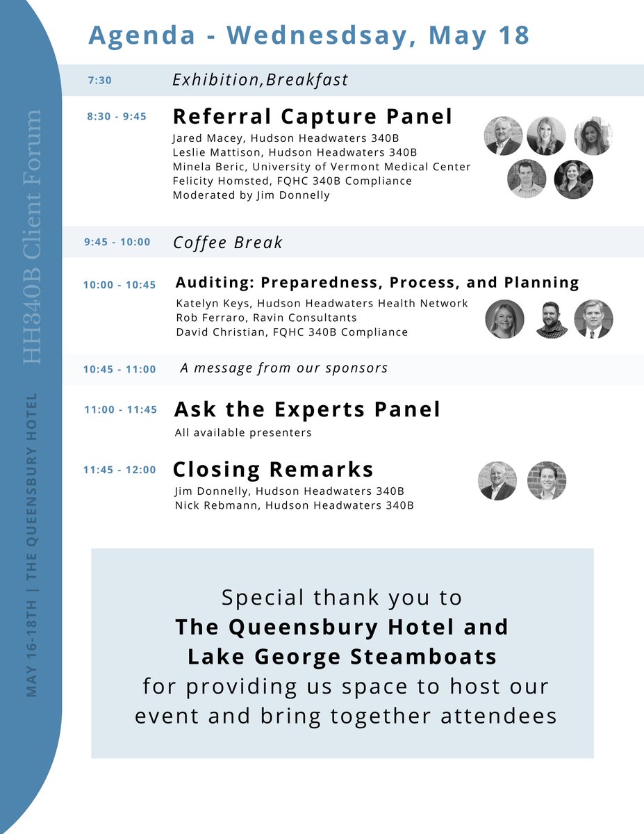 Hudson340B's tweet photo. We are just ONE WEEK out from The Hudson Headwaters 340B Client Forum. If you have been following along for our speaker announcement posts, here is your first look at the completed agenda for our day and a half of sessions. 

Thank you to our presenters, sponsors, and attendees! https://t.co/tC2HiilsKJ