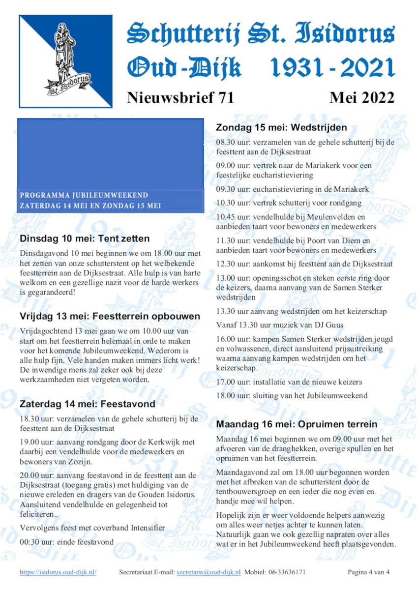 #Programma 90 jarig #jubileum 14 en 15 mei
#Nieuwsbrief 

#Schutterij #StIsidorus #Isidorus Oud-Dijk #OudDijk <a href="/OudDijk/">Oud-Dijk</a> 

website: isidorus.oud-dijk.nl

Programma: isidorus.oud-dijk.nl/wp-content/upl…